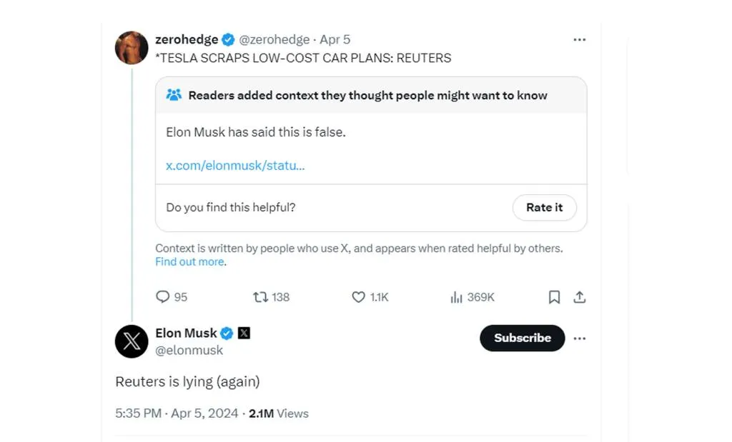 X-Beitrag von Elon Musk vom 5. April 2024